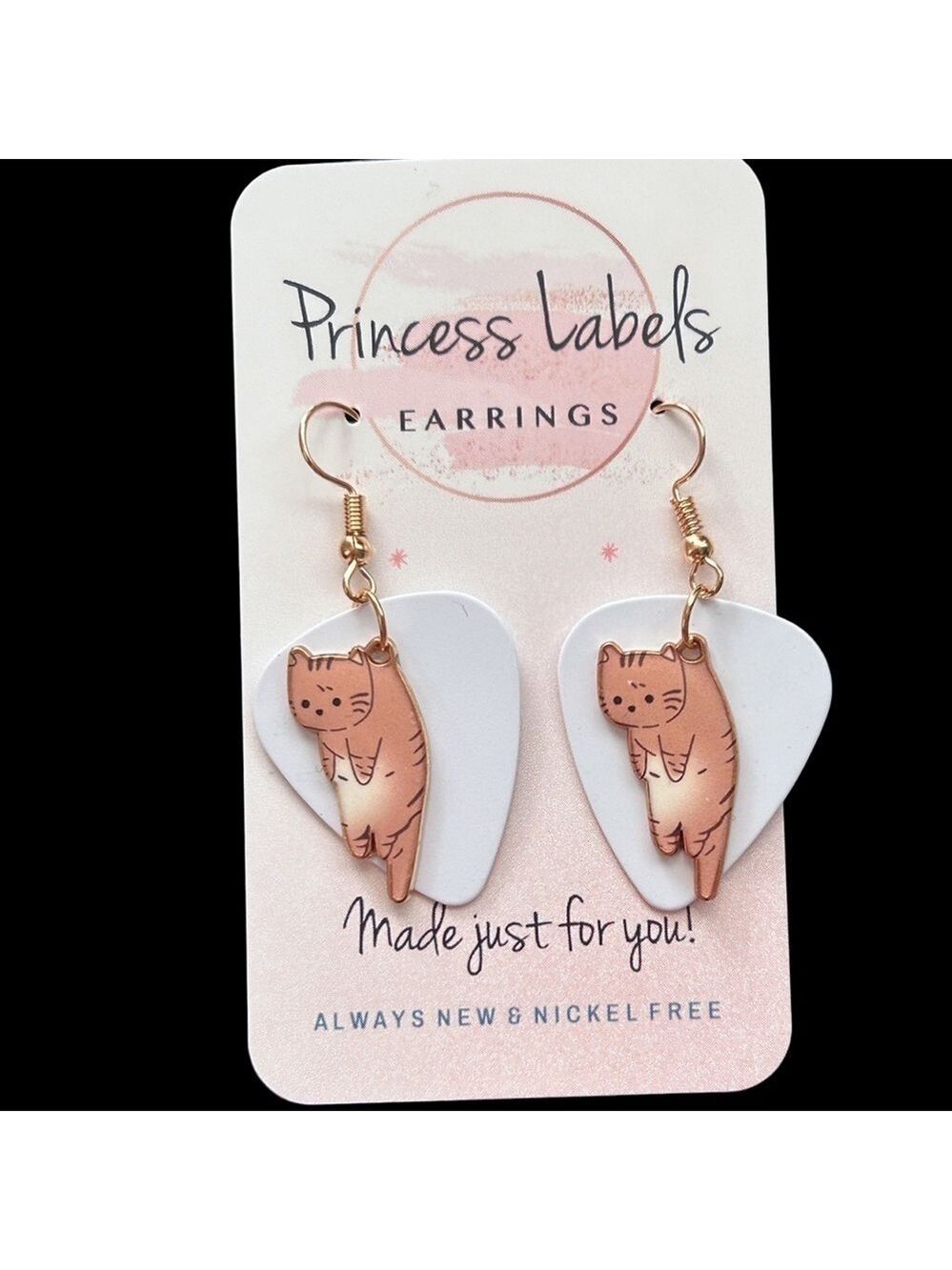 Hand Crafted Earrings Repurposed Guitar Picks Tan Tabby Cats on White